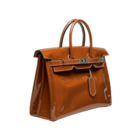 Elegant Glossy Orange Handbag with Stylish Handles and Decorative Tag png