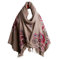 Elegant beige shawl with detailed embroidery and fringes for fashion and accessory styling png
