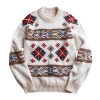 Cozy Handknit Sweater Design with Geometric Patterns and Colorful Accents on a Plain Background png