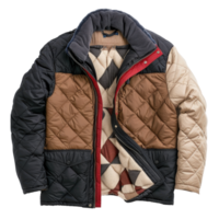 Stylish quilted jacket with multiple color patterns and cozy inner lining for winter wear png
