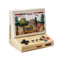 Retro handheld gaming console featuring colorful pixelated graphics and nostalgic design png