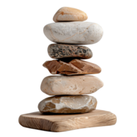 Balanced Arrangement of Smooth Pebbles on a Wooden Base for Serenity and Natural Aesthetics png