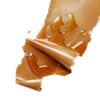 Smooth caramel sauce dripping and pooling on a textured surface with glossy reflections png