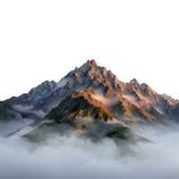 Majestic Mountain Range Surrounded by Mist and Clouds at Dawn with Soft Sunlight Reflection png