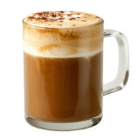 Creamy caramel latte in clear glass mug with frothy milk and chocolate sprinkle on top png