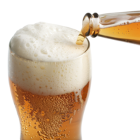 Refreshing Golden Beer with Foamy Head and Bottle Pouring in a Bright Setting png