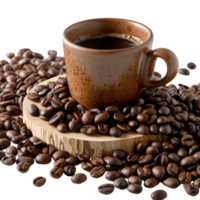Hot Coffee Cup Surrounded by Coffee Beans on Wooden Board with Rustic Background png