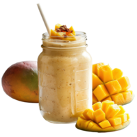 Refreshing Mango Smoothie in Mason Jar with Fresh Mango Pieces and Garnish png
