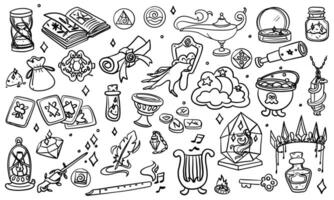 set of contoured black magic items from witchcraft, magic, doodle-style magic tools. Monochrome. Suitable for fantasy projects, books, games, and artwork related to magic, alchemy, mystical rituals. vector
