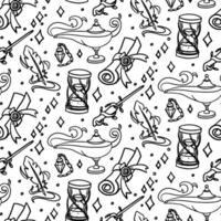 pattern includes mystical pen, magic wand, gin lamp, an hourglass, and of magical doodle-style tools. Monochrome seamless. Suitable for fantasy projects, books, games, and artwork related to magic vector