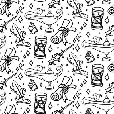 pattern includes mystical pen, magic wand, gin lamp, an hourglass, and of magical doodle-style tools. Monochrome seamless. Suitable for fantasy projects, books, games, and artwork related to magic