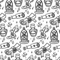 pattern of magical items. Scroll, spyglass, glitter, magic pen, potion, kerosene lamp in the style of doodle magic tools. Monochrome. Suitable for fantasy projects, books, games, artwork, magic vector