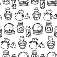 pattern of magic items. bag, dust, jar, magic sand in style of doodles. Monochrome, Seamless. Suitable for fantasy projects, books, games, and artwork related to magic, alchemy, mystical rituals vector