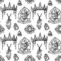 pattern of magical items. Jewelry crystal with snake, haze, ring, crown, brooch with magical tools in style of doodles. Monochrome, Seamless. Suitable for fantasy projects, books, games, and artwork vector