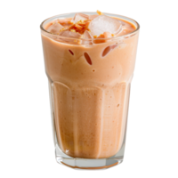 Refreshing iced beverage in a clear glass with ice and a creamy texture and nutty topping png