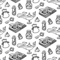 pattern of a book, lamp, magic dust, pendant, key with magic tools in the style of doodles. Monochrome seamless. Suitable for fantasy projects, books, games, and artwork related to magic, alchemy vector