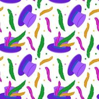 hat pattern feathers, confetti for Mardi Gras party. seamless texture is colored. It is suitable for making invitations, promotional materials, as well as decorations for themed events and carnivals. vector