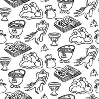pattern of magical items. book, magic sand, cup, moon, mirror, set of magical doodle style tools. Monochrome seamless. Suitable for fantasy projects, books, games, and artwork related to magic. vector