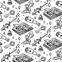 pattern with magic items. telescope, ring, pen, magic wand, book, of magical tools in the style of doodles. Monochrome seamless. Fantasy projects, books, games, and artwork related to magic vector