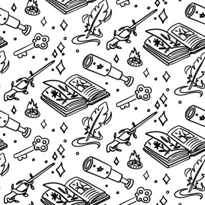 pattern with magic items. telescope, ring, pen, magic wand, book, of magical tools in the style of doodles. Monochrome seamless. Fantasy projects, books, games, and artwork related to magic