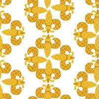 pattern is a symmetrical Mardi Gras symbol in color flat style. It is suitable for decorating festive materials, invitations, decorations and promotional materials related to carnival events. Seamless vector