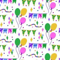 pattern of diamonds, balloons, confetti, flags in Mardi Gras colors. Seamless texture for carnivals, festivals and vibrant celebrations. It is used in the design, decoration of events and celebrations vector