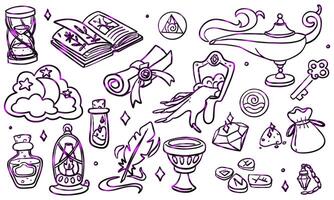 set of purple contoured doodle style magic items. Witch. Monochrome. Suitable for fantasy projects, books, games, and artwork related to magic, alchemy, and mystical rituals. Purple gradient vector