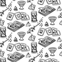 pattern consists of cup, book, ring, watch, dust, and cards with magical doodle-style tools. Monochrome seamless. Suitable for fantasy projects, books, games, artwork related magic, mystical rituals vector