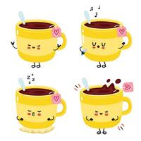 Four cartoon tea cups illustrate various activities and emotions, conveying a fun and delightful message. vector