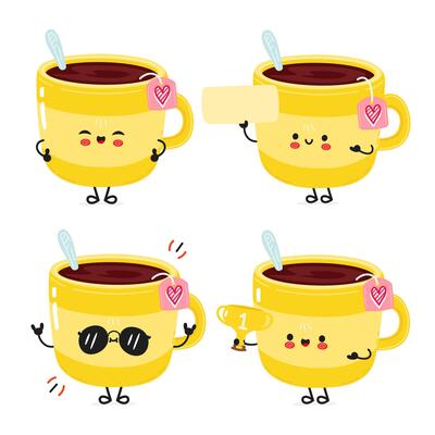 Adorable tea cups collection showcasing various emotions and poses, ideal for beverage-related themes.