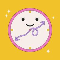 Cute Funny smiling clock illustation. Cute alarm clock with a smiling face and playful arrows, perfect for designs related to time, fun, and positivity vector