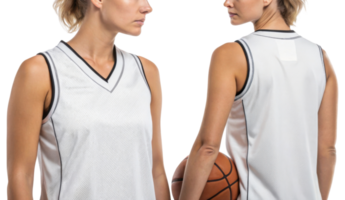stylish basketball jersey mockup featuring woman showcasing front and back views, perfect for sports apparel design png