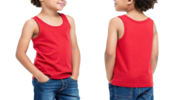vibrant red tank top mockup showcases young child confidently posing with hands in pockets, perfect for casual wear png