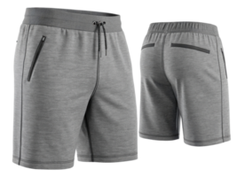 Comfortable shorts mockup designed for active lifestyles featuring sleek gray fabric and practical zip pockets for convenience png
