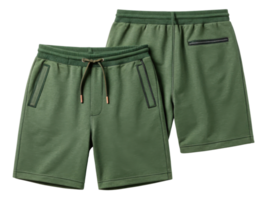 Comfortable shorts mockup in stylish green color featuring pockets and drawstring waist, perfect for casual wear or workouts png