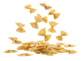 Farfalle pasta pieces are scattered above pile, showcasing their unique bow tie shape and golden color, evoking sense of culinary creativity png