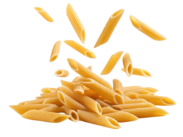 Penne pasta falling in dynamic arrangement, showcasing its unique shape and texture, perfect for culinary presentations png