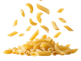 Pasta falling from above onto pile, showcasing its texture and shape, evokes sense of culinary creativity and deliciousness png