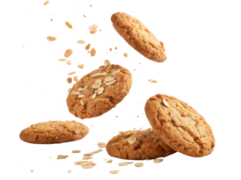 Delicious cookies with oats are falling in mid air, creating delightful scene of sweetness and texture png