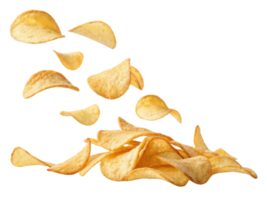 Crispy potato chips are flying in air, creating playful and dynamic scene that captures essence of snacking joy png