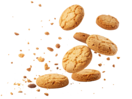 Delicious cookies falling with crumbs creating delightful scene of sweetness and texture png