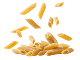 Pasta pieces in various shapes are scattered, showcasing their texture and color, creating dynamic and appetizing scene png