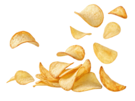 Crispy potato chips scattered on transparency background, showcasing their golden color and unique shapes, evoke sense of snack time joy png