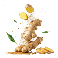 Fresh ginger root with slices and leaves, showcasing its natural texture and vibrant color, evokes sense of health and vitality png