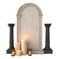 solemn gravestone surrounded by lit candles and decorative columns, creating peaceful and reflective atmosphere png
