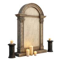 decorative stone monument with arched top, surrounded by lit candles, creating serene and reflective atmosphere png