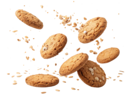Delicious cookies falling with oats scattered around, creating delightful scene of baked treats png