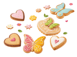 Colorful cookies in various shapes including hearts and butterflies, decorated with icing and sprinkles, evoke cheerful atmosphere png