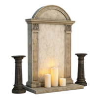 decorative stone monument with arched top, flanked by two candle holders and three lit candles, creates serene atmosphere png