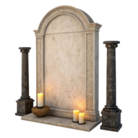 decorative stone memorial with arched top, flanked by two columns, features lit candles and woven basket, creating serene atmosphere png